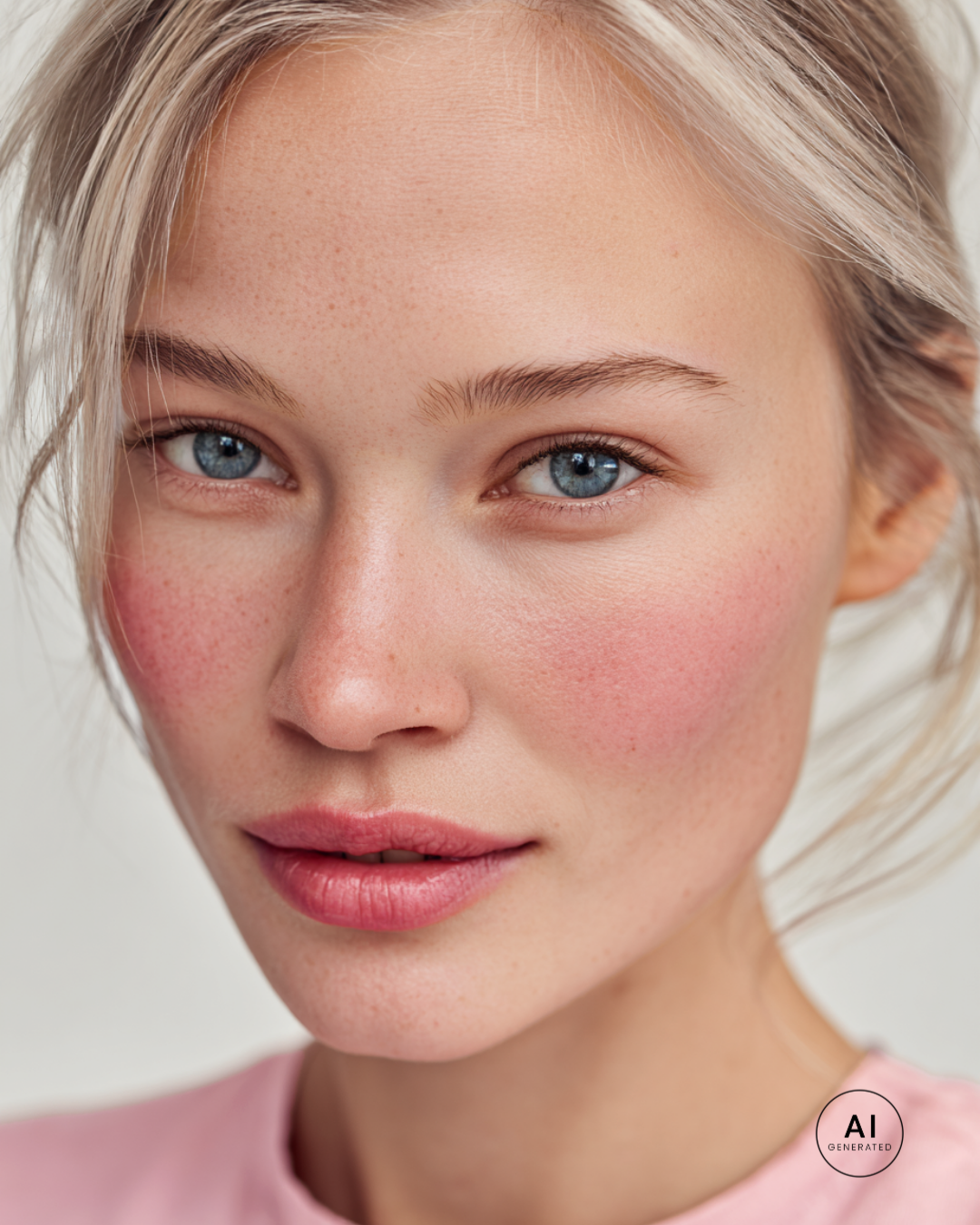 Portret kobiety z niebieskimi oczami, blond włosami i jasną skórą w typie kolorystycznym Jasne Lato z naturalnym makijażem